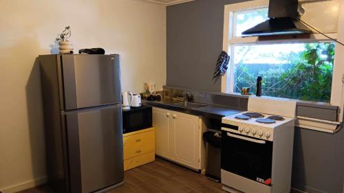 基督城Homestay, handy city center的厨房配有不锈钢冰箱和窗户