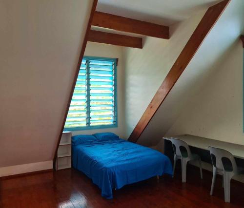 阿皮亚USO Homestay Samoa的一间卧室设有蓝色的床和窗户。