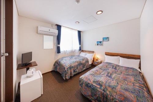 日立市ホテルノマド日立的一间酒店客房,设有两张床和电视