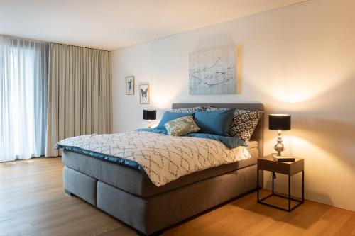 伯尔尼Senevita Residenz & Apartments Muri bei Bern的一间卧室配有一张带蓝色枕头的大床