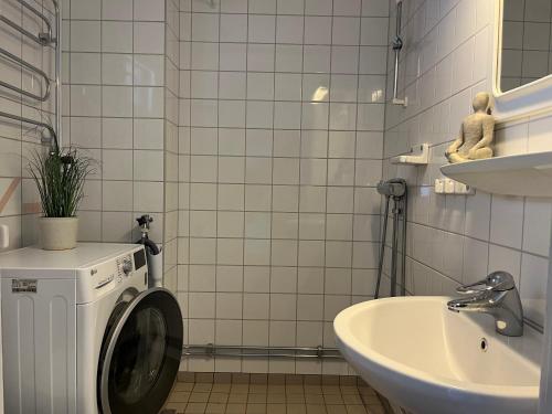 奥勒Åre Travel - Åre Fjällbyn的白色瓷砖浴室设有洗衣机和水槽
