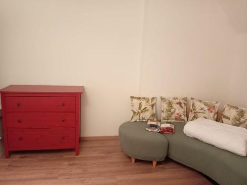 埃朗根Hostel Alegria-Jumbo的客厅配有绿色沙发和红色梳妆台