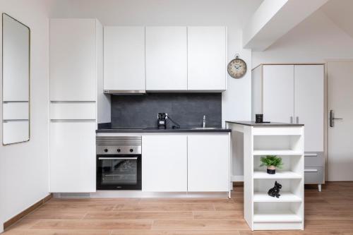 卢森堡IMMOBILIARE Lux Tram的白色的厨房配有白色橱柜和水槽