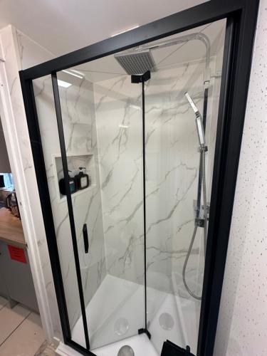 多佛尔116 Maison Dieu Road Room E in Dover的浴室里设有玻璃门淋浴