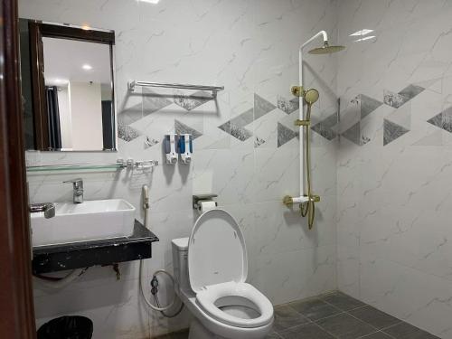 Việt YênHotel Việt Hàn的一间带卫生间、水槽和镜子的浴室