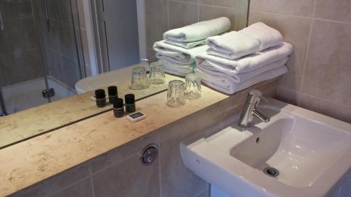 牛津雷蒙特牛津酒店的浴室配有盥洗盆、镜子和毛巾