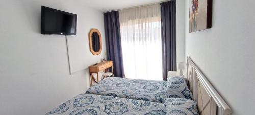 圣地亚哥港约丹马力诺公寓的一间小卧室,配有一张床和电视