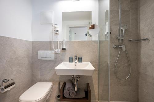 萨尔茨堡Salzburg Hotel Lilienhof的一间带水槽、淋浴和卫生间的浴室