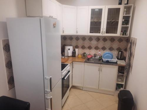 SurčinLeo的厨房配有白色橱柜和白色冰箱。