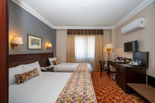 伊斯坦布尔Pera Rose Hotel - Taksim Pera的酒店客房配有两张床和一张书桌