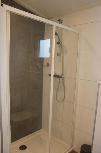 BiggekerkeMinicamping Zonnehoek的浴室里设有玻璃门淋浴