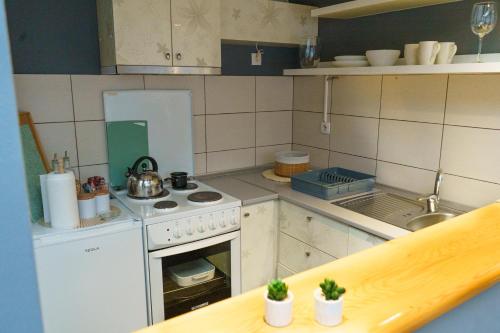 鲁马Most apartman的小厨房配有炉灶和水槽