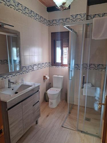 高辛布莉娜维尔迪旅馆的带淋浴、卫生间和盥洗盆的浴室