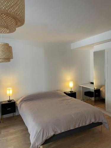 LabruguièreBelle des champs - Loft avec spa的一间卧室配有一张床、两张桌子和两盏灯。