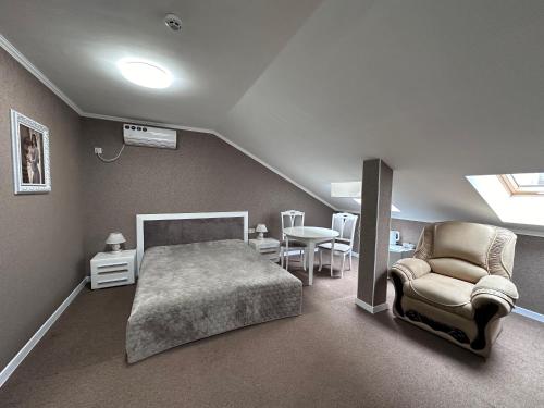 克洛佩夫尼茨基Hotel Korona的一间卧室配有一张床、一把椅子和一张桌子