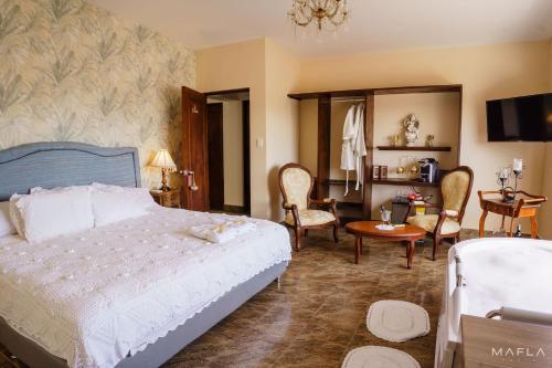 波帕扬CASA LOMA HOTEL BOUTIQUE & TERRAZA GASTRO的卧室配有一张床和一张桌子及椅子