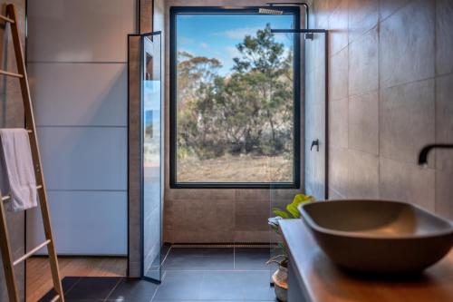 斯旺西Searene - Freycinet Holiday Houses的一间带大水槽和窗户的浴室
