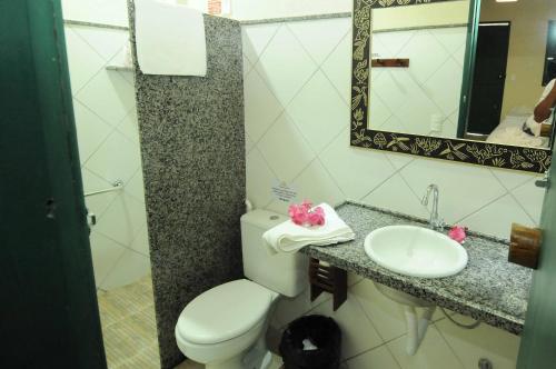 贝泽罗斯圣达菲庄园旅馆的一间带卫生间、水槽和镜子的浴室