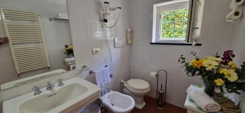 莱万托Hotel La Giada del Mesco的一间带水槽、卫生间和花瓶的浴室