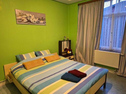 赫拉尔兹贝亨Simpele slaapkamer Geraardsbergen的一间卧室设有一张带绿色墙壁的大床