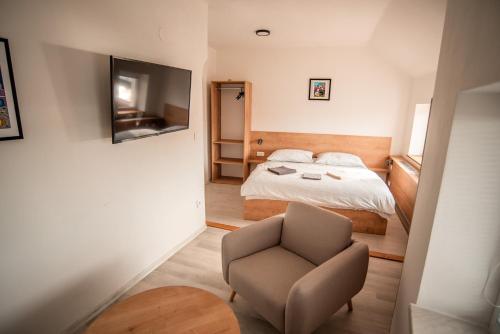 泰尔奇APART Mikeš的一间小卧室,配有一张床和一把椅子