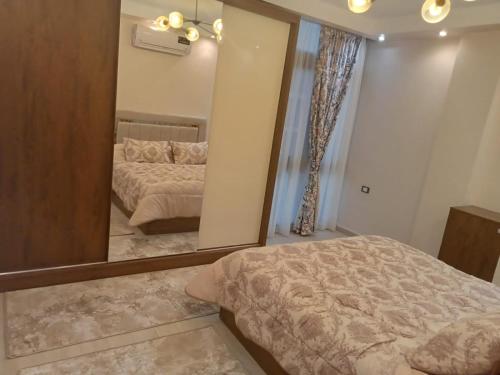 埃兹贝特Sun Capital-Beside Zewil City的一间卧室配有一张床和一面大镜子