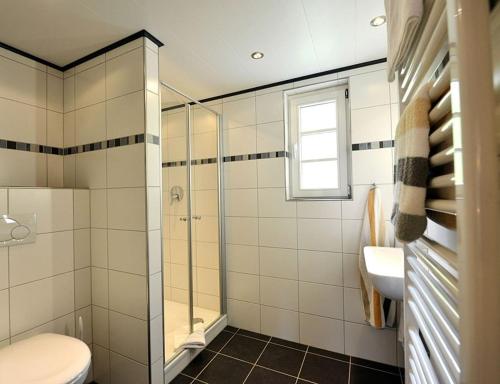 拜尔施泰因Winzerschenke的浴室配有卫生间、淋浴和盥洗盆。