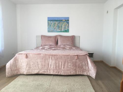 普罗夫迪夫Апартамент 170 кв.м за 6-ма, село Ягодово, Пловдивско的一间卧室配有一张带粉红色棉被的床