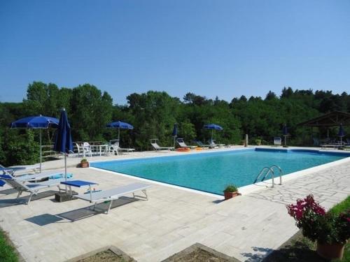 福利亚Ferienwohnung für 3 Personen ca 60 qm in Fauglia, Toskana Etruskische Küste的一个带椅子和遮阳伞的大型游泳池