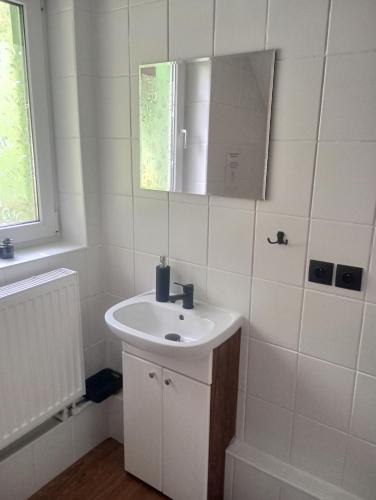 布伦纳Domek całoroczny的白色的浴室设有水槽和镜子