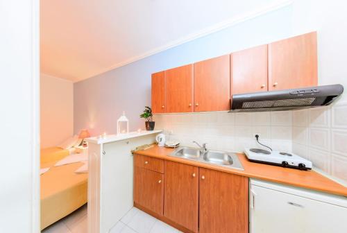 阿凯松格鲁吉亚别墅公寓的一个带水槽的厨房和一张位于客房内的床