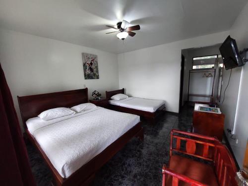 阿拉胡埃拉Brillasol Airport Hotel的一间卧室配有两张床和吊扇