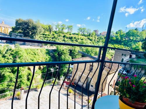 卡普拉罗拉Casa Checca appartamenti per vacanze的阳台享有火车轨道的景致。