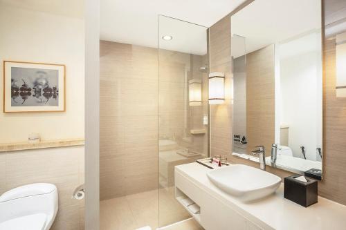 占碑市占碑瑞士贝尔酒店的一间带水槽、卫生间和镜子的浴室
