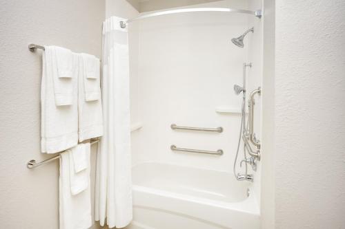 奈尔斯奈尔斯旅行者酒店 的带淋浴和白色毛巾的浴室