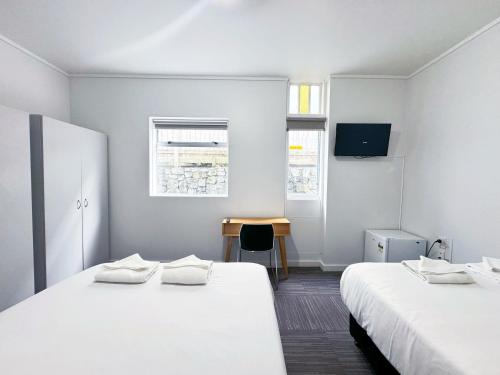 惠灵顿140 Ghuznee Hostel的客房设有两张床和一张书桌及一台电视。