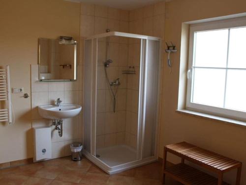 普鲁滕Boddensurfer 2b Comfortable holiday residence的带淋浴和盥洗盆的浴室