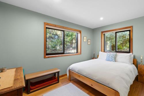 Upper MoutereSupplejack Gardens的一间卧室设有一张床和两个窗户。