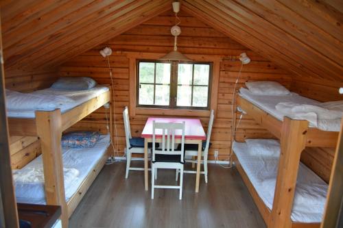 LumparlandSvinö Camping Lodge的客房设有一张桌子和两张双层床。
