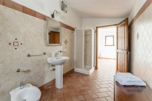 拉迪孔多利Apartment Marcigliana Front Pool Radicondoli, Siena的一间带水槽、卫生间和淋浴的浴室