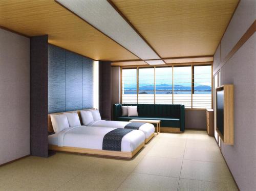 大津琵琶湖绿水亭酒店的一间卧室设有一张床和一个大窗户
