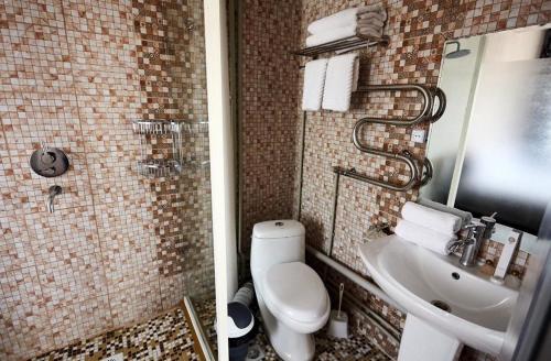 奇姆肯特КZO的浴室的两张照片,配有卫生间和水槽