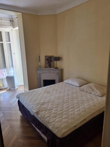 蒙特卡罗Appartamento a Montecarlo的卧室设有一张大床,配有壁炉