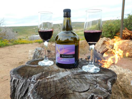 KotzesrusNuwefonteinskop Lodge的两杯红葡萄酒坐在树丛上