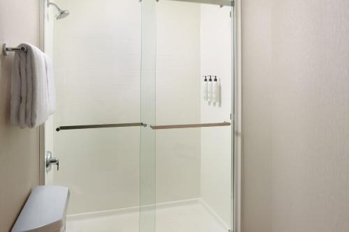 达拉姆罗利达拉姆机场/三角研究园春季山丘套房的浴室里设有玻璃门淋浴