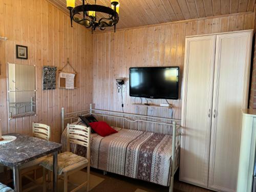 VerlaVerlan Satumaa的卧室配有一张床,墙上配有电视。