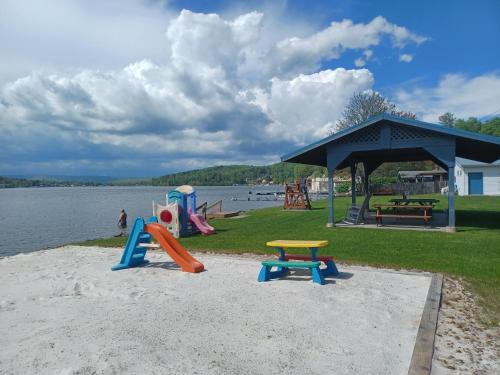 Harveys LakeHarvey's Lake/near Rickett's Glen的水上游乐场设有滑梯和游戏设备