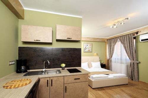 锡比乌Style Residence的一个带水槽的厨房和一张位于客房内的床