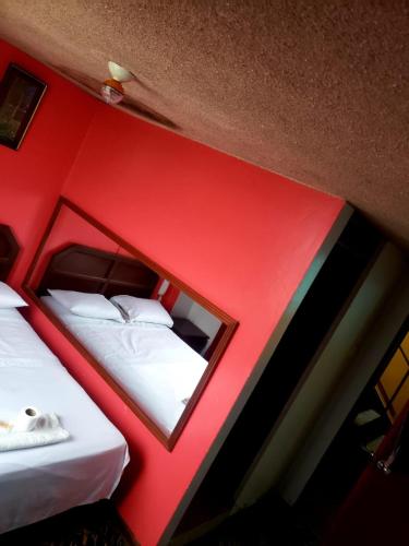 José GalvesHOSTAL CALIFORNIA的红色的房间,配有两张床和镜子
