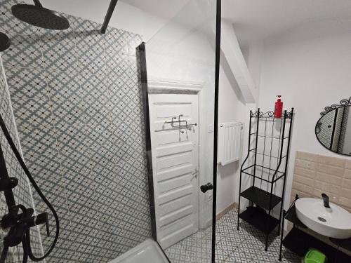 布加勒斯特Private room at Ceausescu's place in Old City Unirii Square的带淋浴、卫生间和盥洗盆的浴室